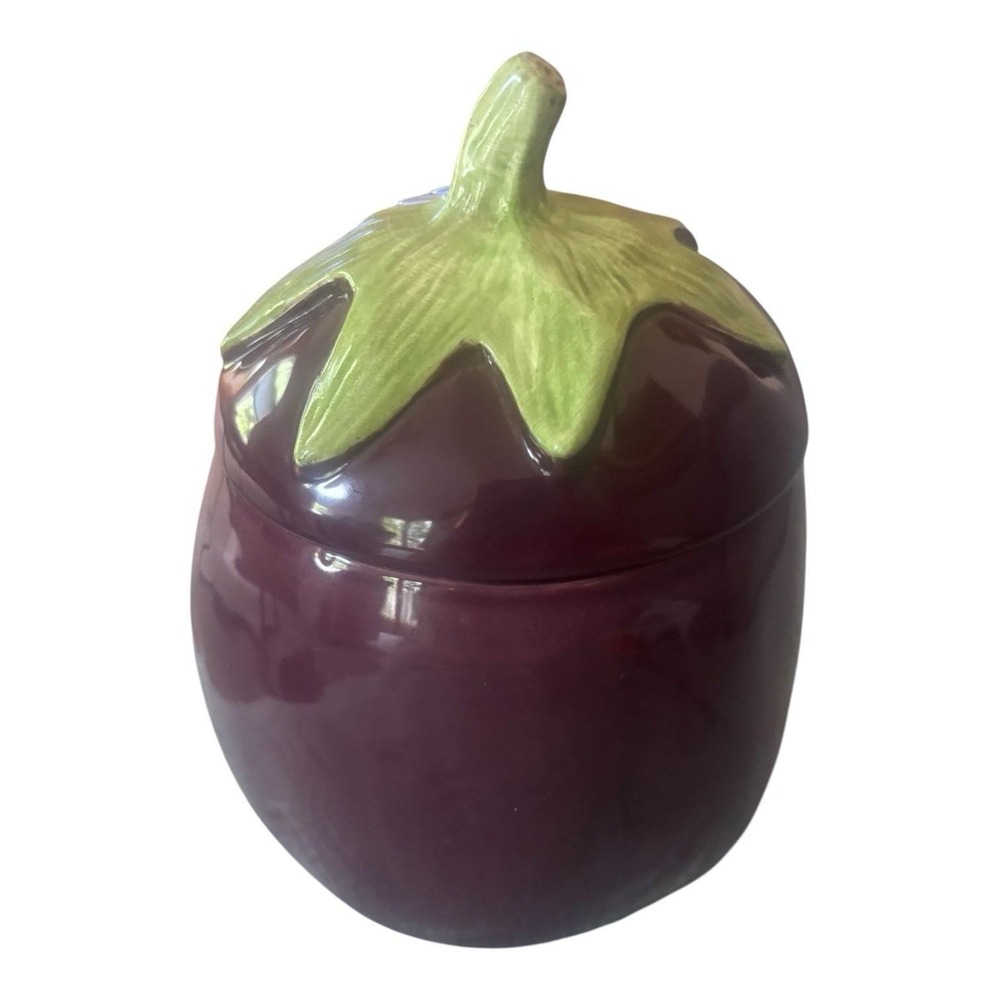 Vintage 1990 H & HD Dark Purple Ceramic Eggplant Canister Jar Made In Mexico